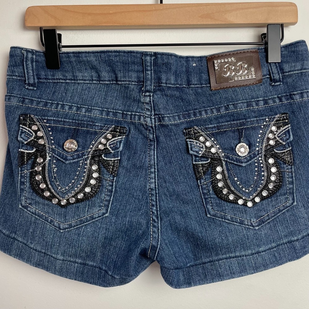 BBJean Y2K Bling Denim Shorts Sz 7 Rhinestone Embellished Club Festival Low Rise